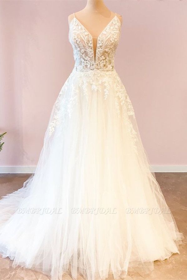BMbridal Elegant Spaghetti-Straps Sleeveless Tulle Lace Wedding Dress Online