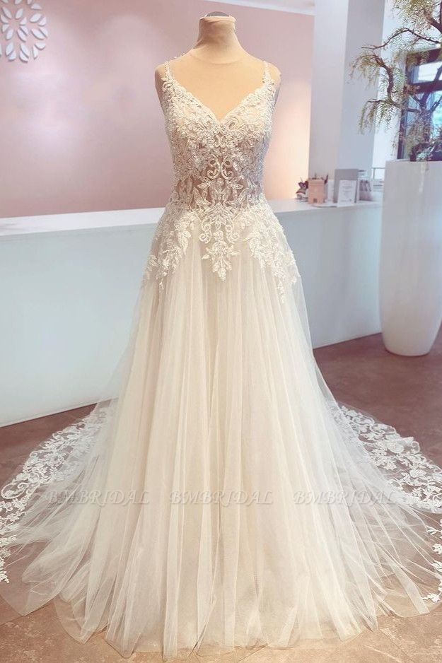 BMbridal Spaghetti-Straps V-Neck Wedding Dress Lace Tulle Bridal Gowns