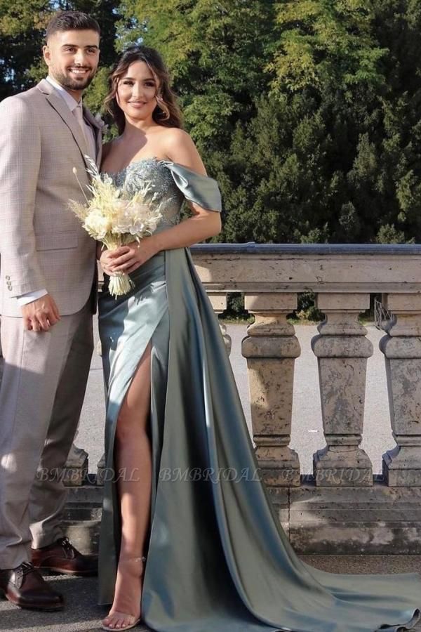 Bmbridal Silver Grey Off-the-Shoulder Prom Dress Split With Appliques