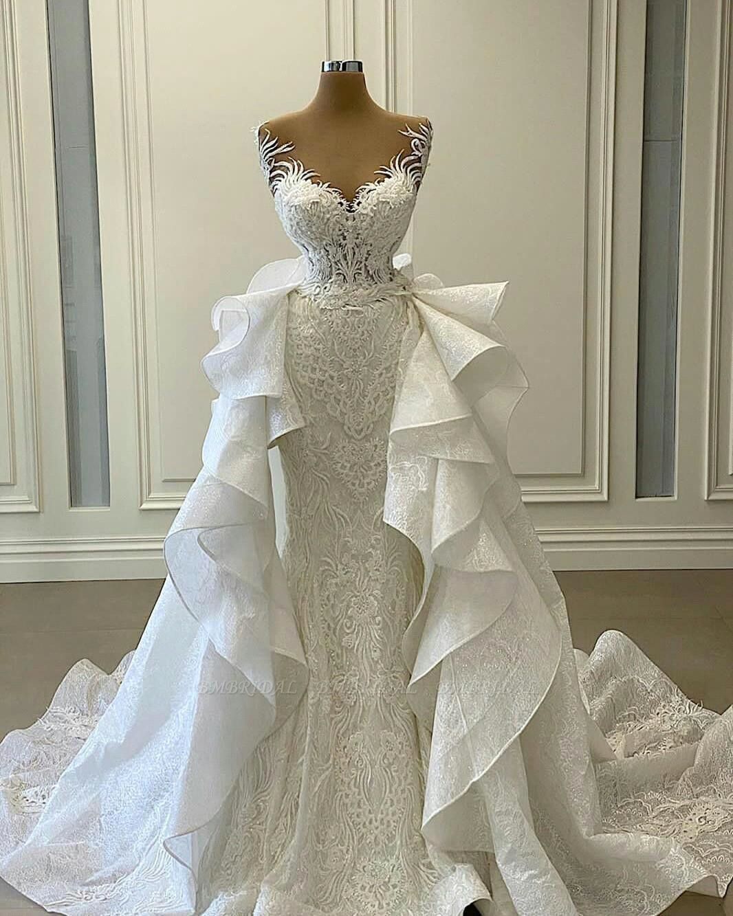 Bmbridal Lace Mermaid Wedding Dress Long With Detachable Skirt