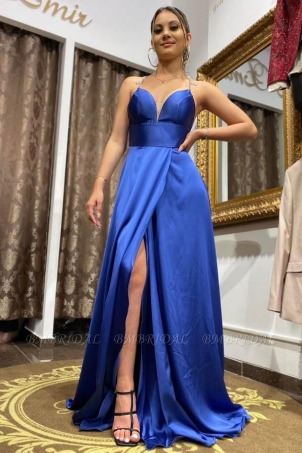 Bmbridal Royal Blue Spaghetti-Straps Prom Dress Long With Slit
