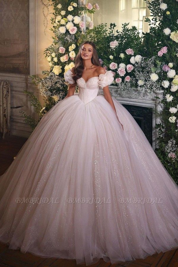 BMbridal Off-the-Shoulder Ball Gown Tulle Wedding Dress Shinning Sequins