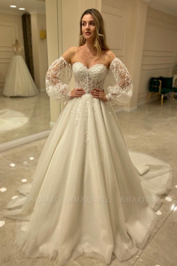Bmbridal Sweetheart Lace Wedding Dress Detachable Sleeves