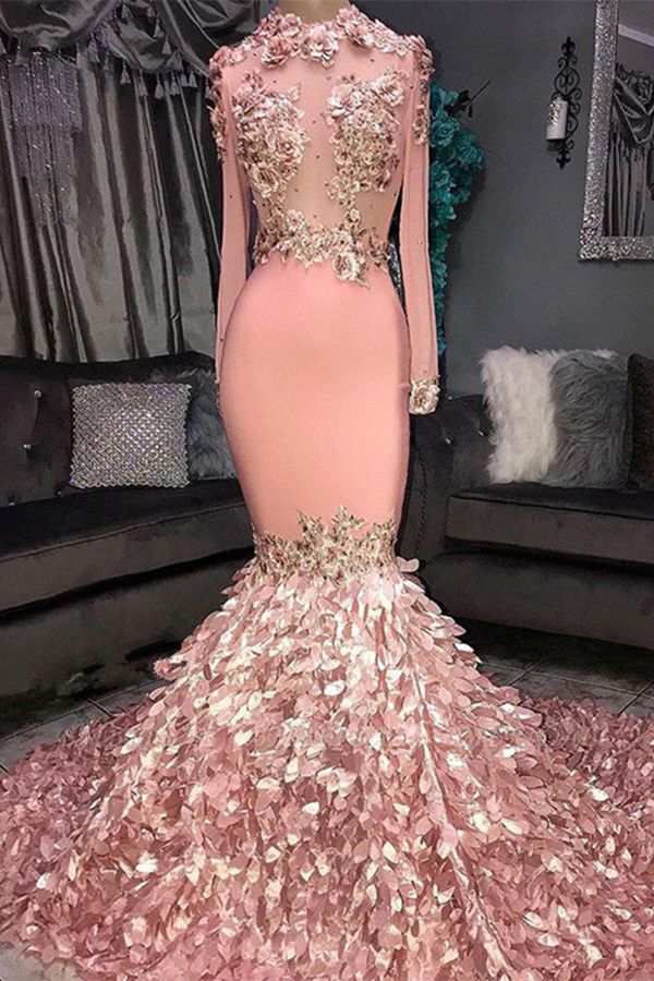 Bmbridal Pink Long Sleeves Mermaid Prom Dress With Appliques
