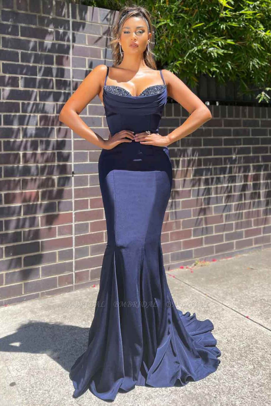 Bmbridal Spaghetti-Straps Mermaid Prom Dress Long Sleeveless With Sequins