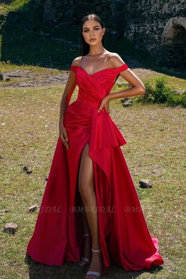 Bmbridal Off-the-Shoulder Red Prom Dress Ruffles With Slit