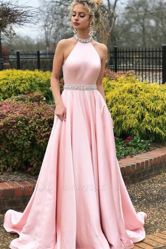 Bmbridal Pink Halter Sleeveless Prom Dress Long With Crystals