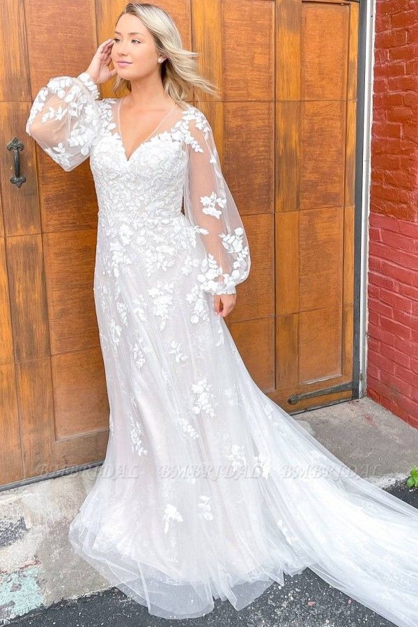 Bmbridal Long Sleeves Lace Wedding Dress A-Line V-Neck