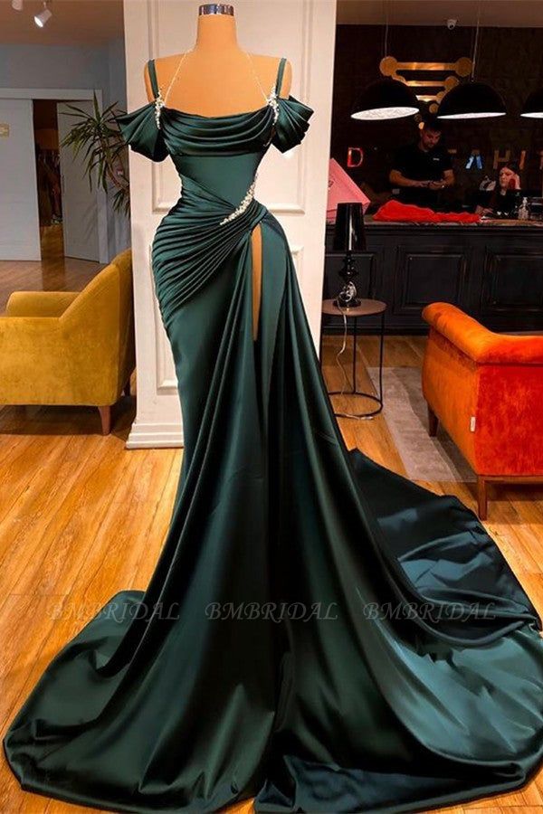 BMbridal Dark Green Off-the-Shoulder Prom Dress Mermaid Side Slit