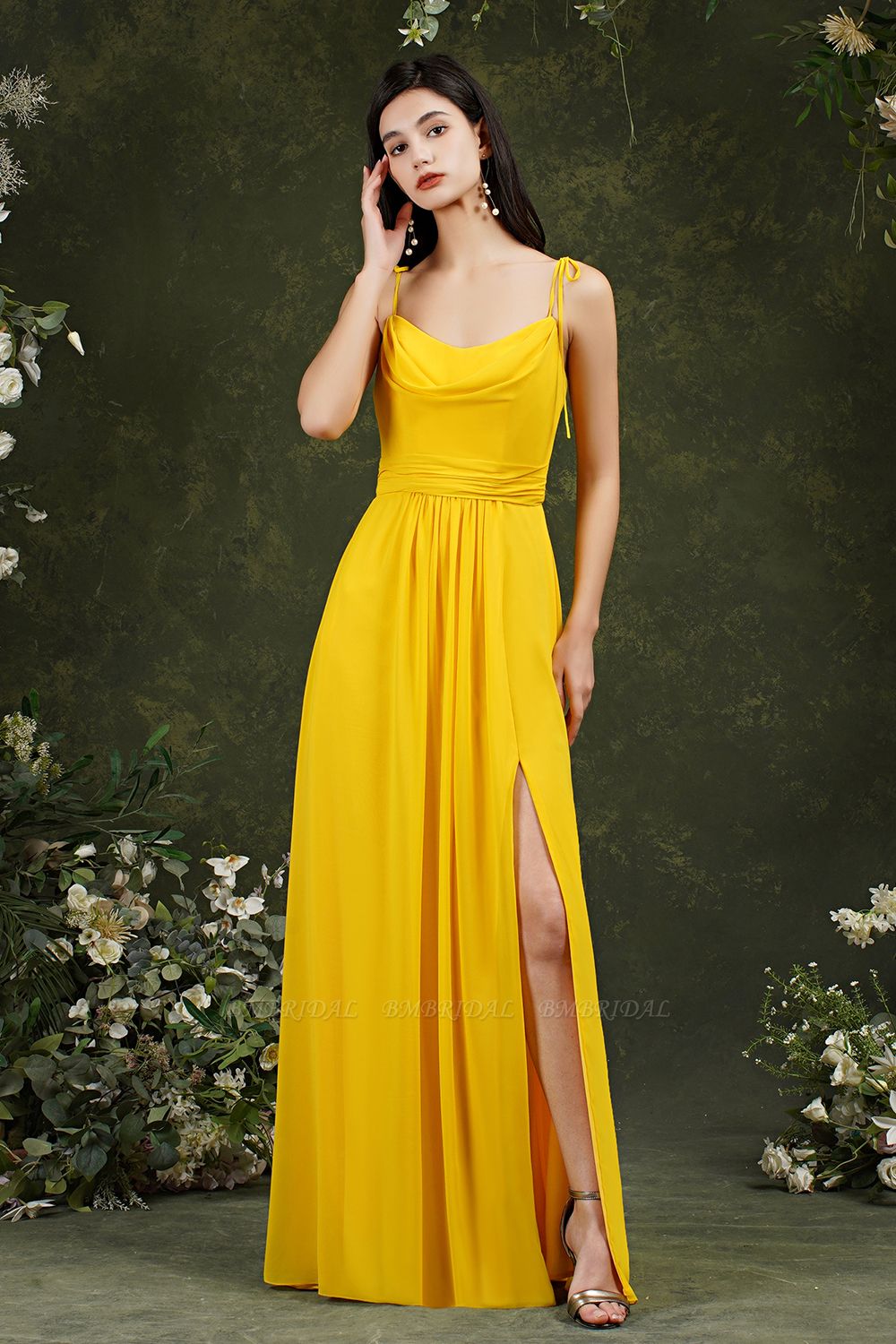 Bmbridal Spaghetti-Straps Yellow Bridesmaid Dress Chiffon With Slit