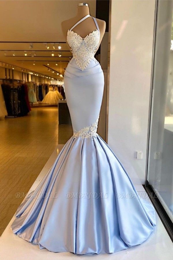 Bmbridal One Shoulder Lace Mermaid Prom Dress Sky Blue