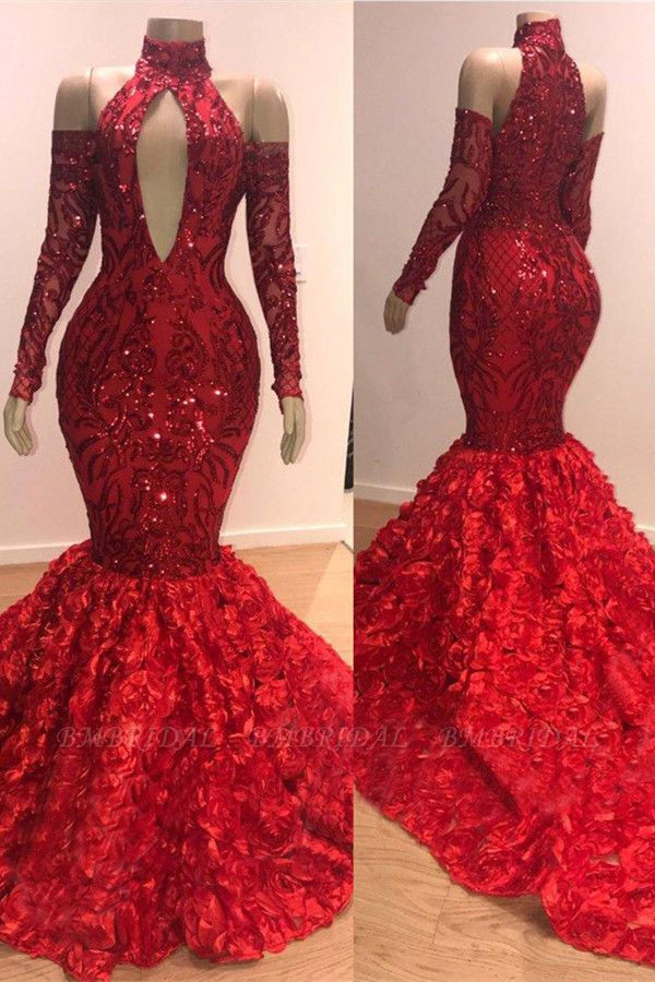 Bmbridal Red Long Sleeves Prom Dress Mermaid With Flowers Bottom