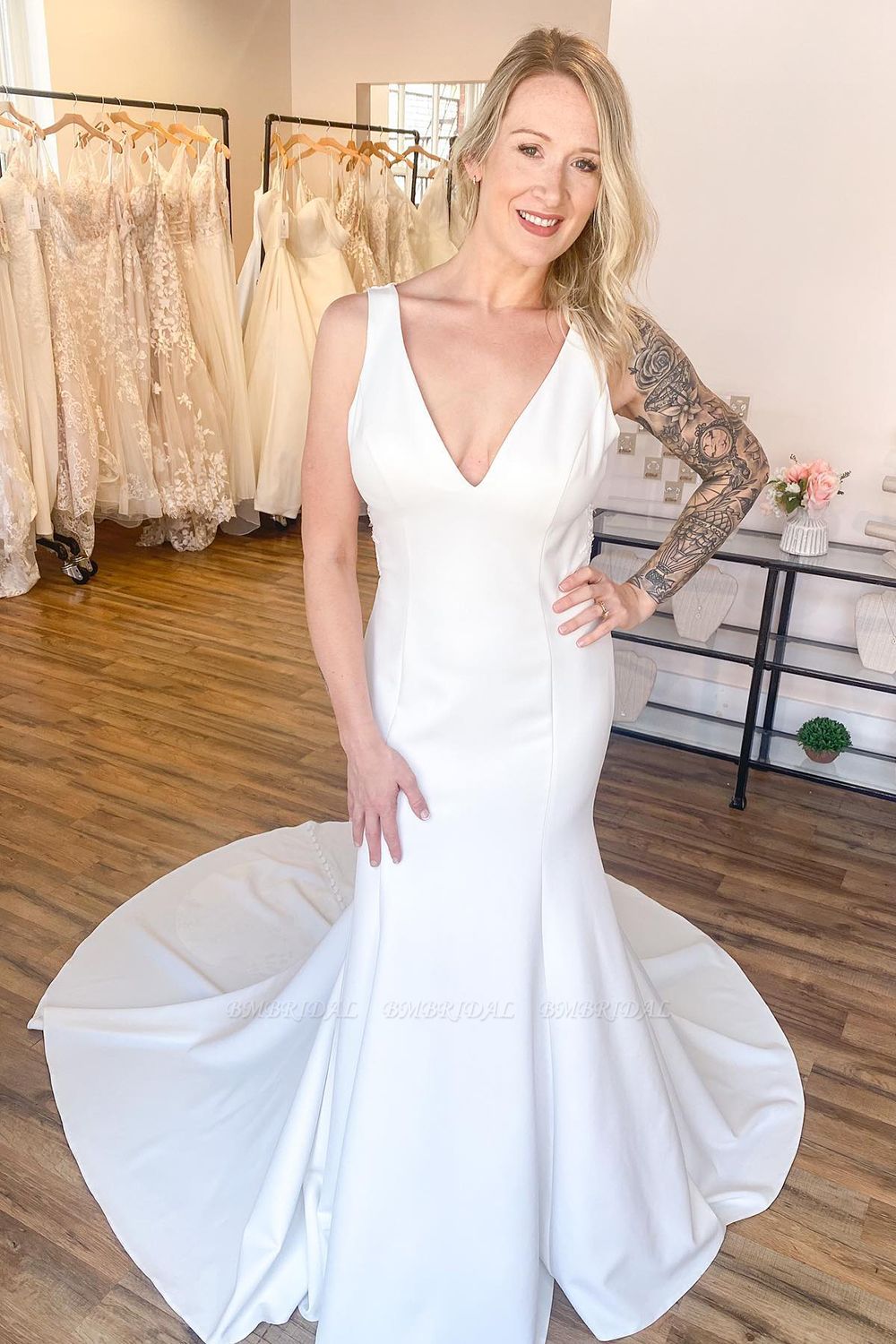 Bmbridal White Satin Wedding Dress Mermaid Open Back