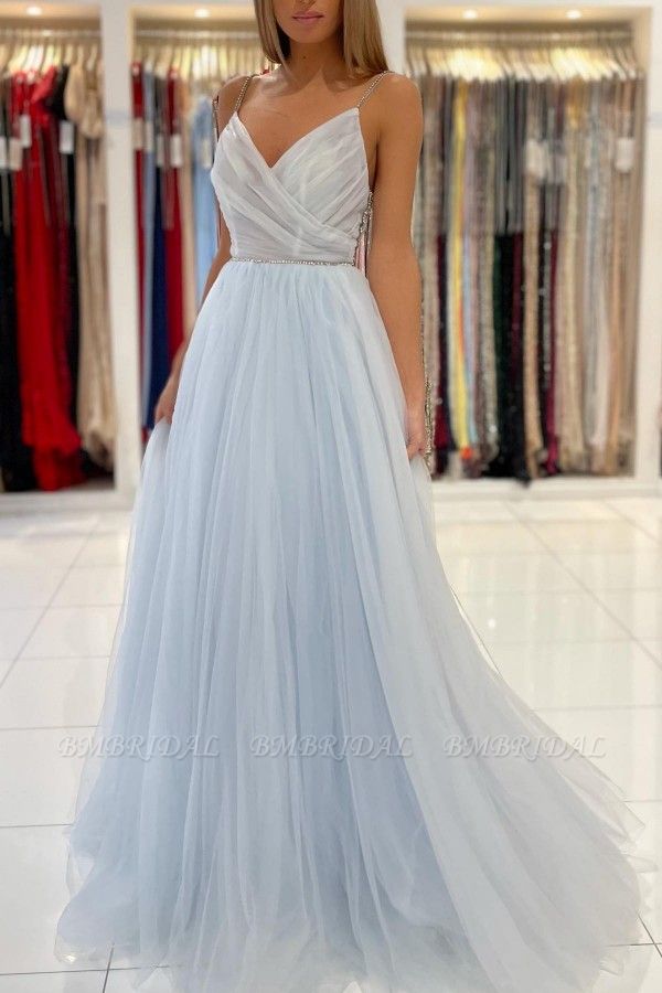 BMbridal Sky Blue Spaghetti-Straps Prom Dress Tulle Long With Beadings