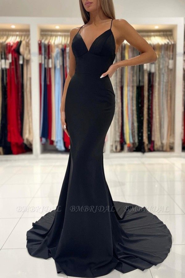 Bmbridal Black V-Neck Spaghetti-Straps Prom Dress Mermaid Sleeveless