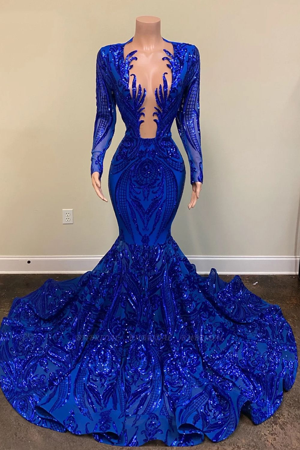 Bmbridal Royal Blue Long Sleeevs Prom Dress Mermaid Sequins Party Gowns