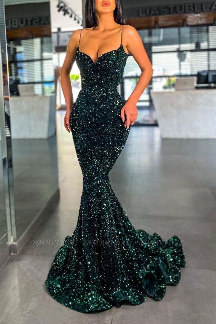 BMbridal Dark Green Sequins Prom Dress Mermaid Long With Spaghetti-Straps