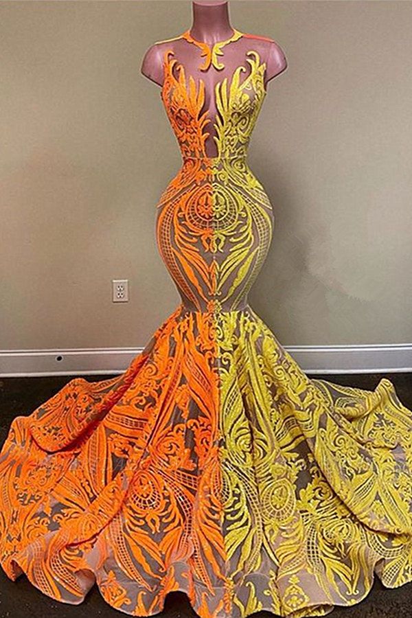 BMbirdal Meerjungfrau-Abschlussballkleid in Gelb und Orange mit langen Spitzen-Pailletten