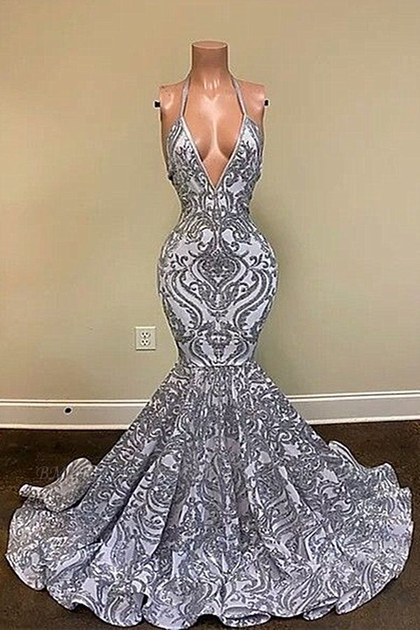 BMbridal Sleeveless Sequins Silver Prom Dress Mermaid Long