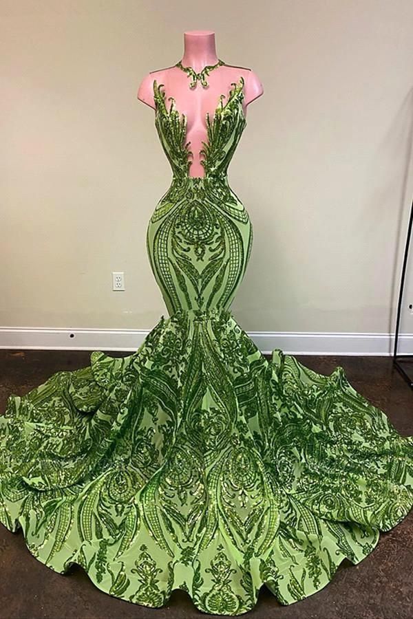 BMbridal Designer Grüne Pailletten mit V-Ausschnitt, ärmellose, bodenlange Meerjungfrauen-Abschlussballkleider