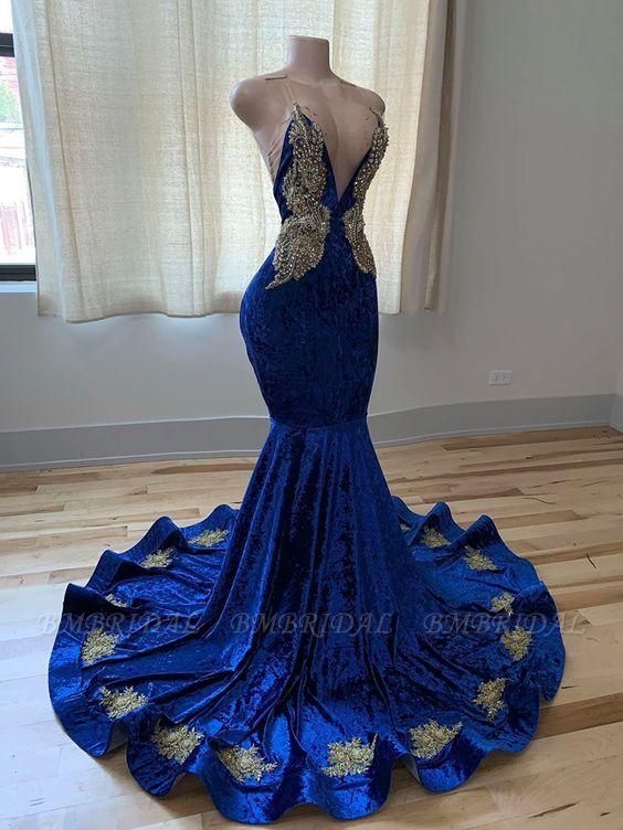 BMbridal Royal Blue Sleeveless Prom Dress Mermaid With Appliques