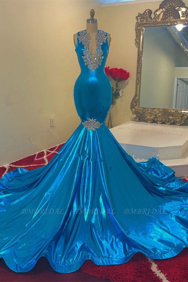 Bmbridal Ocean Blue Prom Dress Sleeveless Mermaid Long