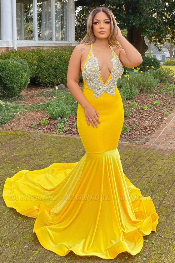 Bmbridal Yellow V-Neck Prom Dress Mermaid Sleeveless With Appliques