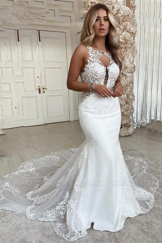 Bmbridal White Mermaid Wedding Dress Lace Backless