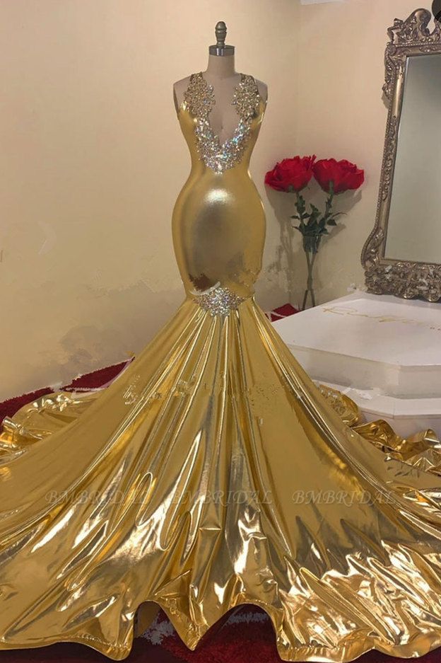 Bmbridal Gold V-Neck Prom Dress Mermaid Sleeveless With Appliques