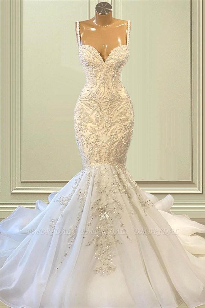 Bmbridal Spaghetti-Straps Sleeveless Wedding Dress Mermaid Long With Beadings