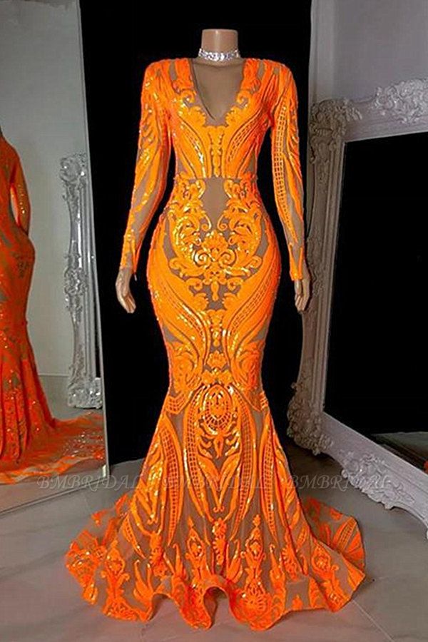 BMbridal Long Sleeves Orange Mermaid Prom Dress Long Lace Sequins