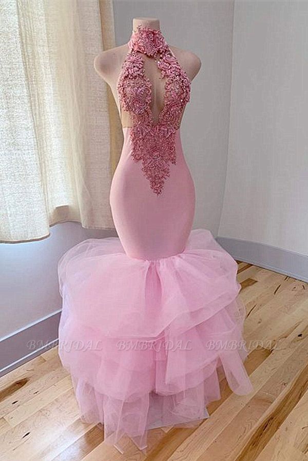 Bmbridal Pink High Neck Prom Dress Meerjungfrau ärmellos mit Applikationen