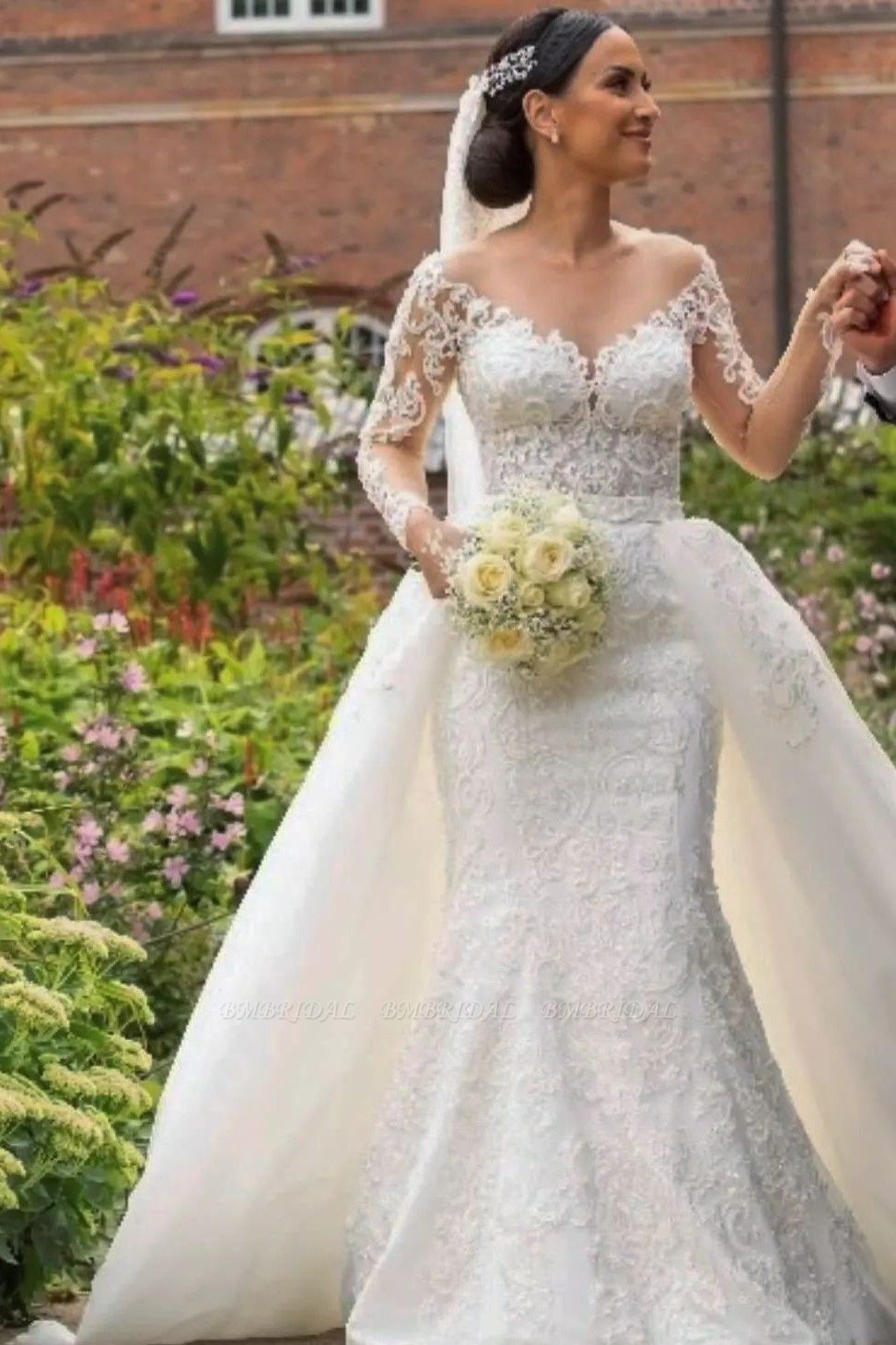Bmbridal Long Sleeves Wedding Dress Mermaid Lace Overskirt