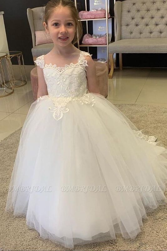 BMbridal White Lovely Flower Girl Dress Tulle With Lace Appliques