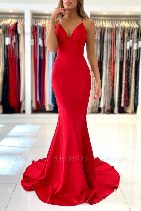 Bmbridal Red Mermaid Prom Dress Spaghetti-Straps Sleeveless