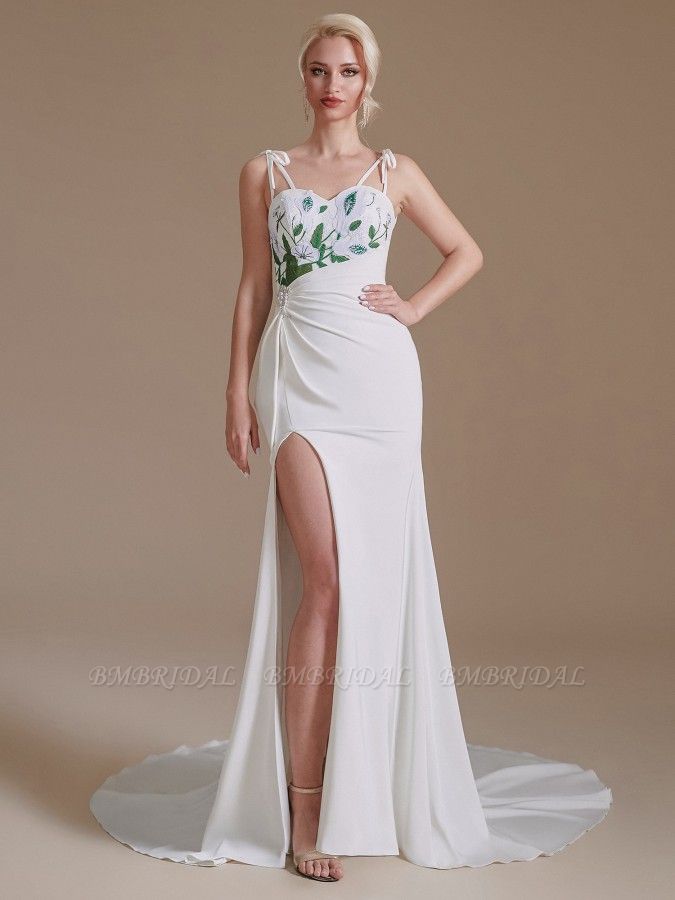 BMbridal Spaghetti-Straps Mermaid Wedding Dress Split With Print