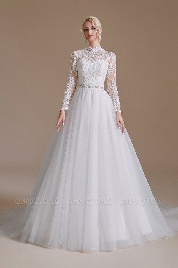 BMbridal Long Sleeves Princess Lace Wedding Dress Tulle Bridal Gowns