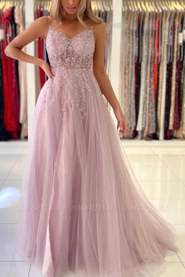 BMbridal Spaghetti-Straps Long Prom Dress Sleeveless Tulle With Beadings