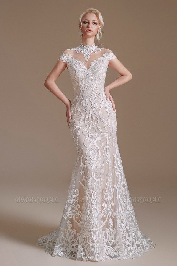 BMbridal Mermaid High Neck Wedding Dress Lace With Cap Sleeves