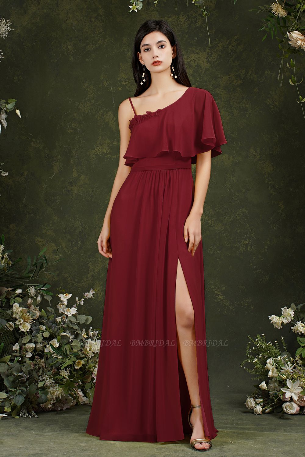 Bmbridal One Shoulder Ruffles Bridesmaid Dress Long With Slit