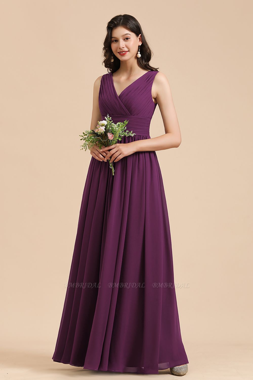 Elegant V-Neck Ruffle A-line Chiffon Lace Bridesmaid Dresses