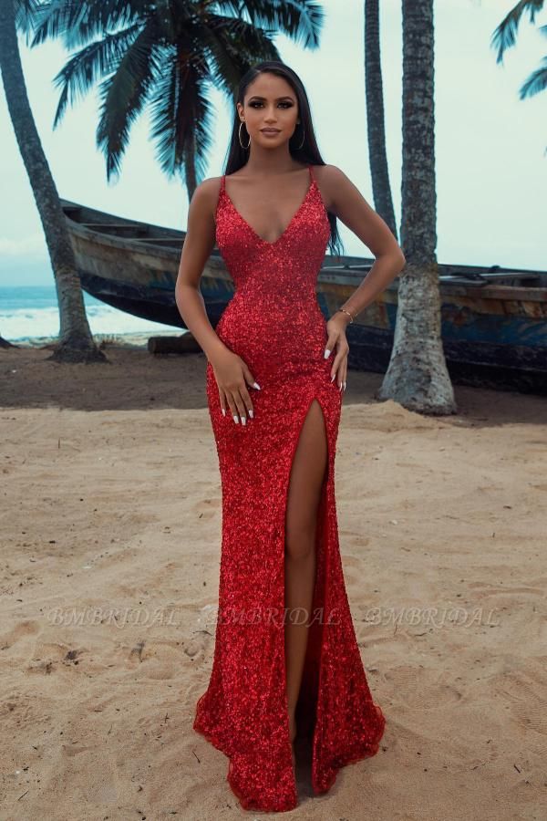 Bmbridal Sequins Red Mermaid Prom Dress Split Sleeveless