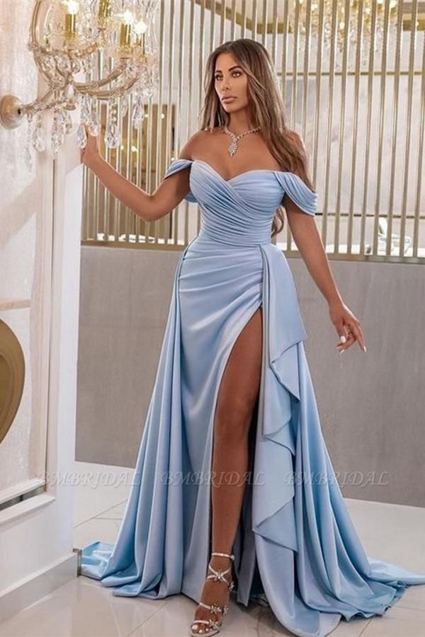 BMbridal Sky Blue Off-the-Shoulder Prom Dress Mermaid Long Slit Pleats