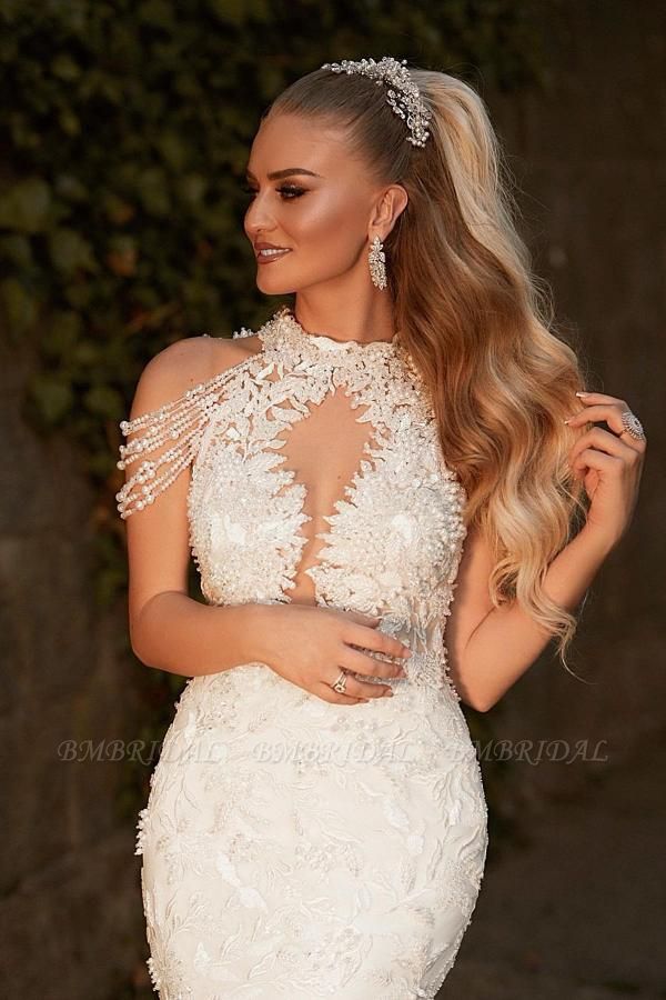 BMbridal High Neck White Mermaid Wedding Dress With Lace Appliques