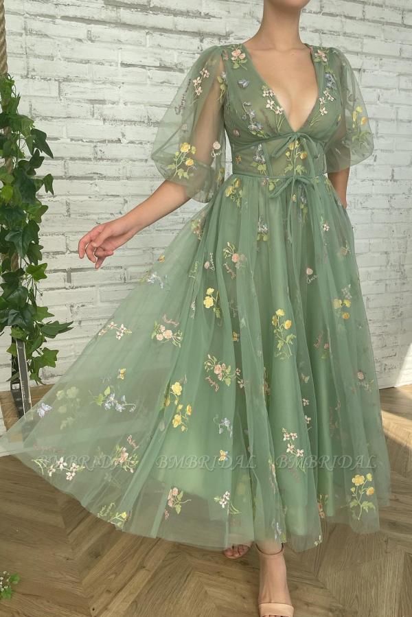 BMbridal Sage Green Tulle Prom Dress V-Neck Tea Length With Flowers