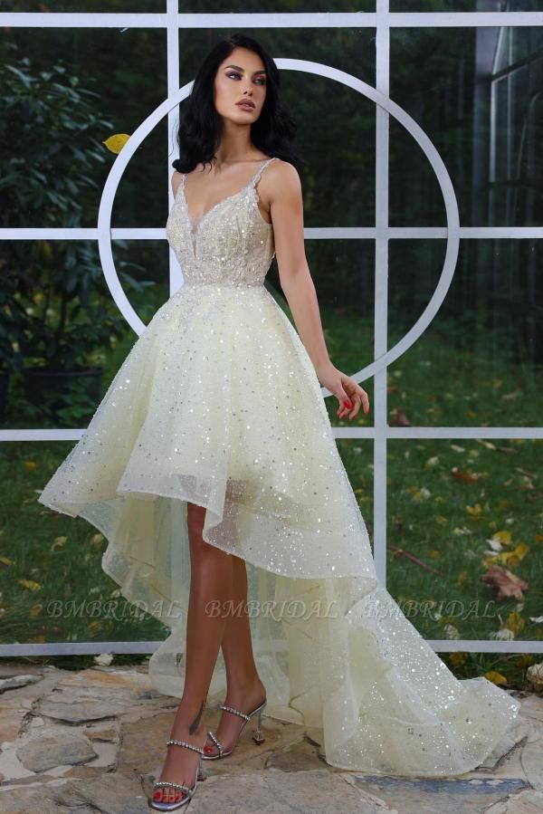 BMbridal V-Neck Sleeveless Daffodil Prom Dresses Hi-Lo With Sequins Beads