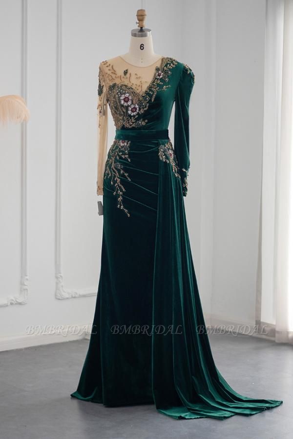 BMbridal Long Sleeves Mermaid Evening Dresses Dark Green With Crystals