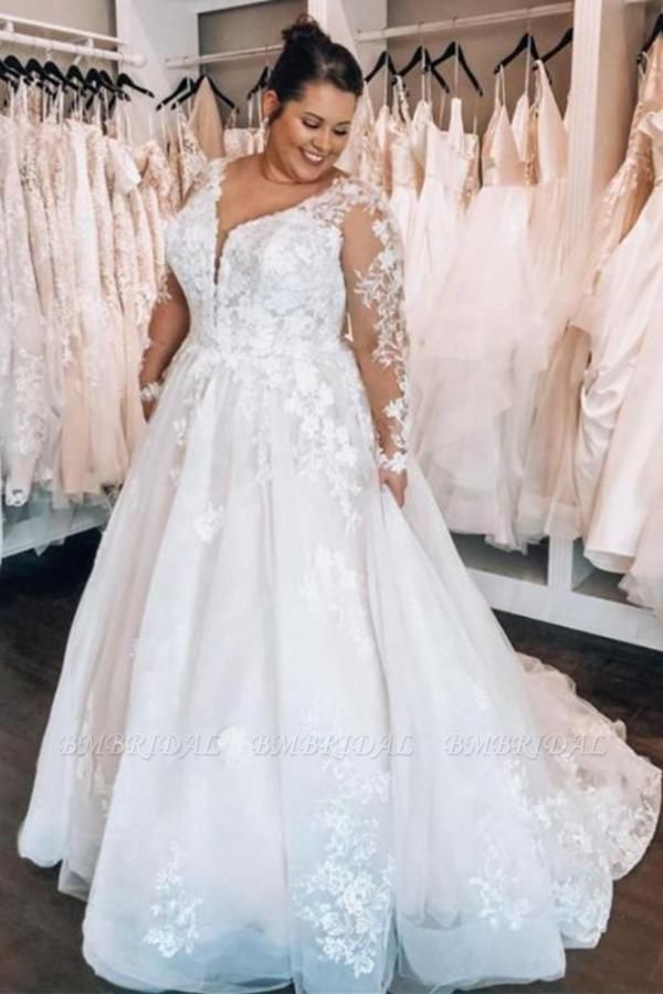 Bmbridal Long Sleeves Plus Size Wedding Dress With Lace Appliques