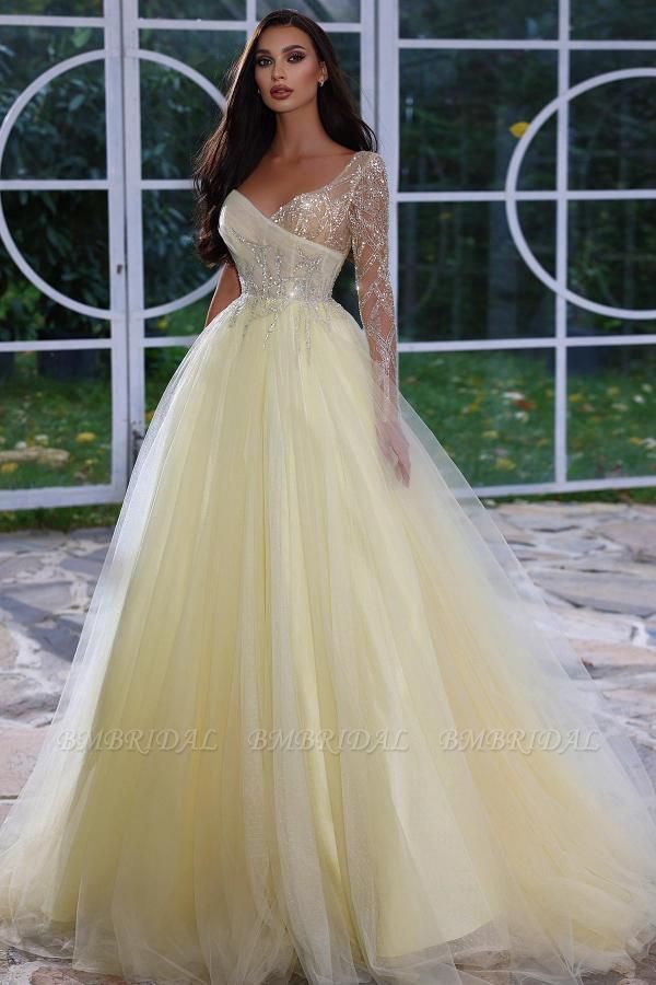 BMbridal Long Sleeves Daffodil Prom Dress Tulle With Sequins Beads