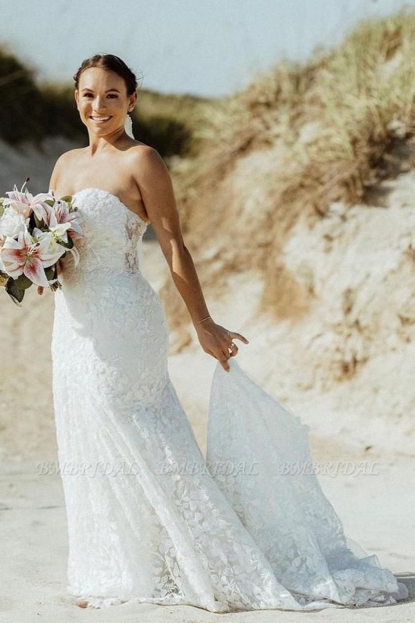Bmbridal White Strapless Wedding Dresses Mermaid Lace Appliques